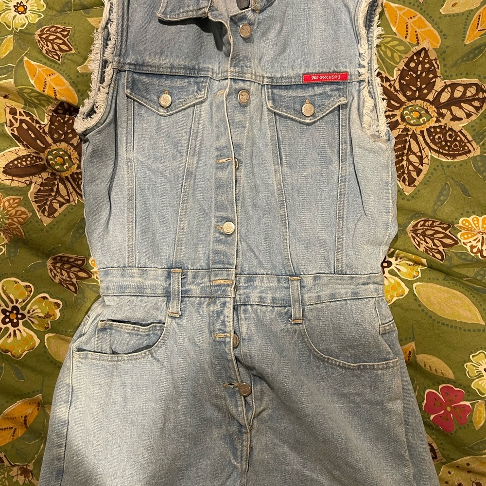 Denim Jumpsuit with Frayed Sleeves